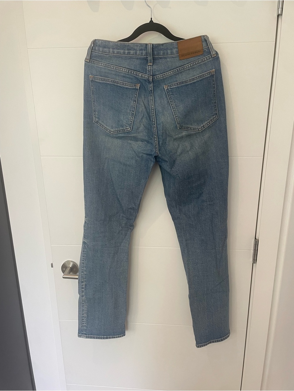 Denim Forum Straight-Leg Midwash Jeans with Leather Patch - Picture 4 of 6